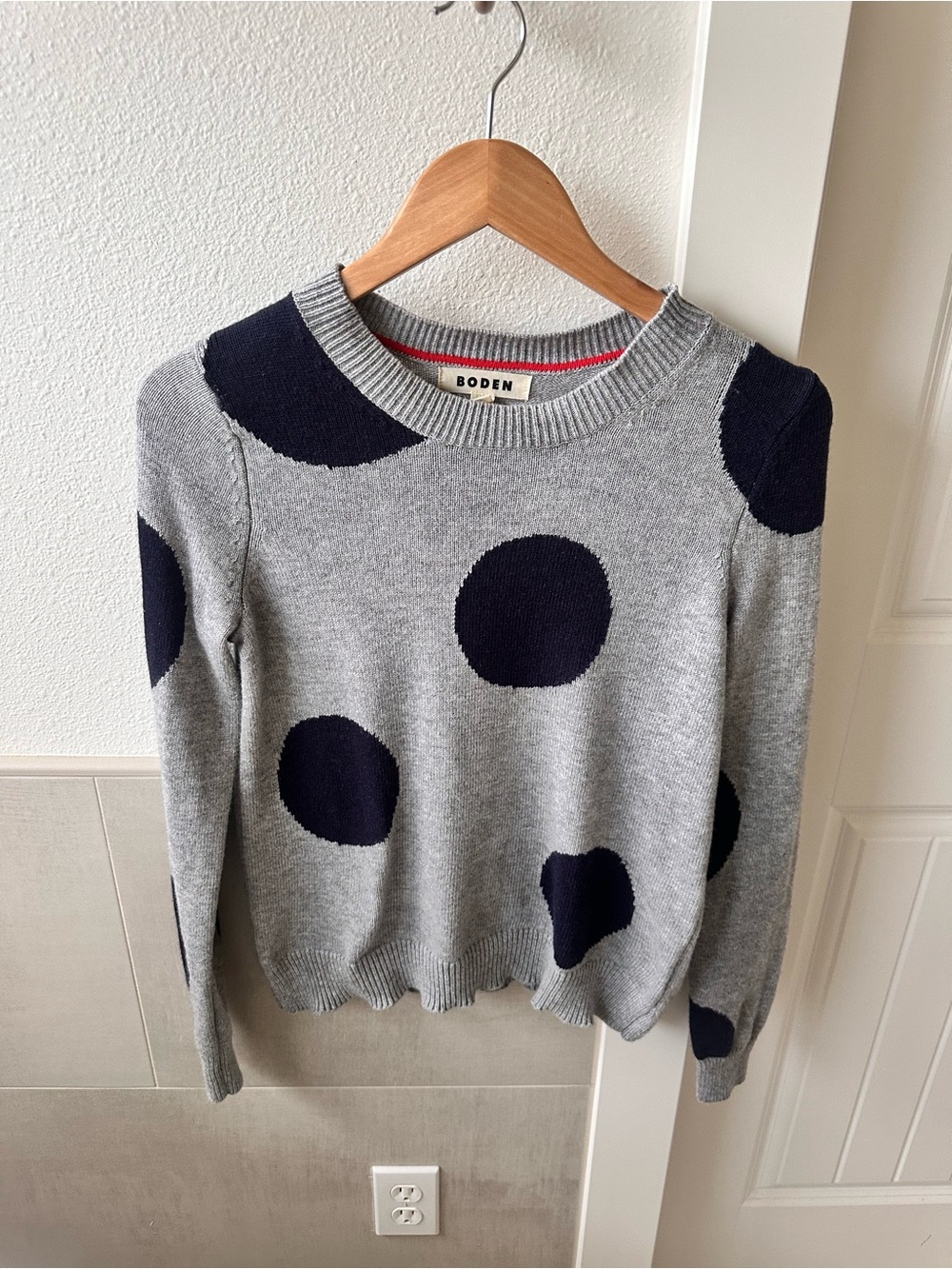 Boden Gray Crewneck Sweater with Navy Polka Dots
